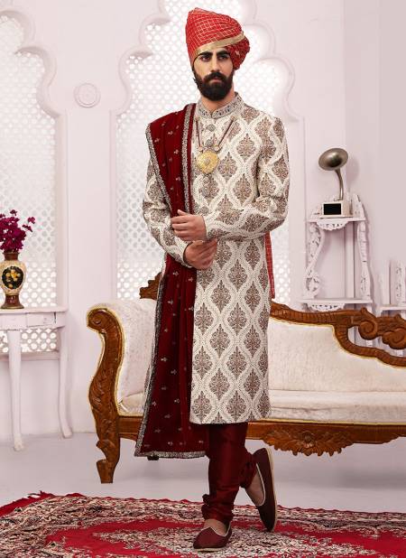 Cream Colour Wedding Wear Embroidery Work Sherwani Groom Latest Collection 9001